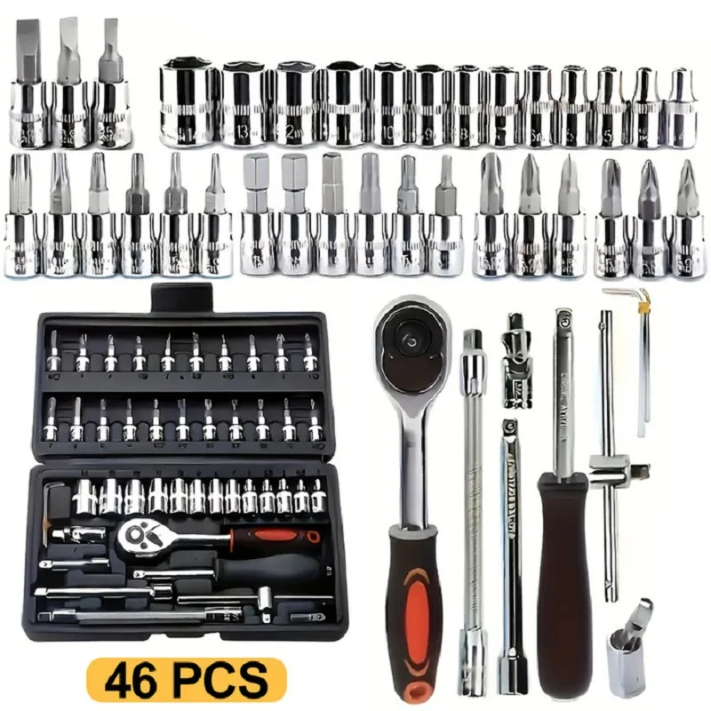 kf-Adcbec81607dd45e5af97c682c8a6948bP-1 46pcs Ratchet Wrench Set 1/4 Ratchet Torque Wrench Combo Kit with Sockets Bit Hand Spanner Tool Car Repair Hardware Tool - Image 1