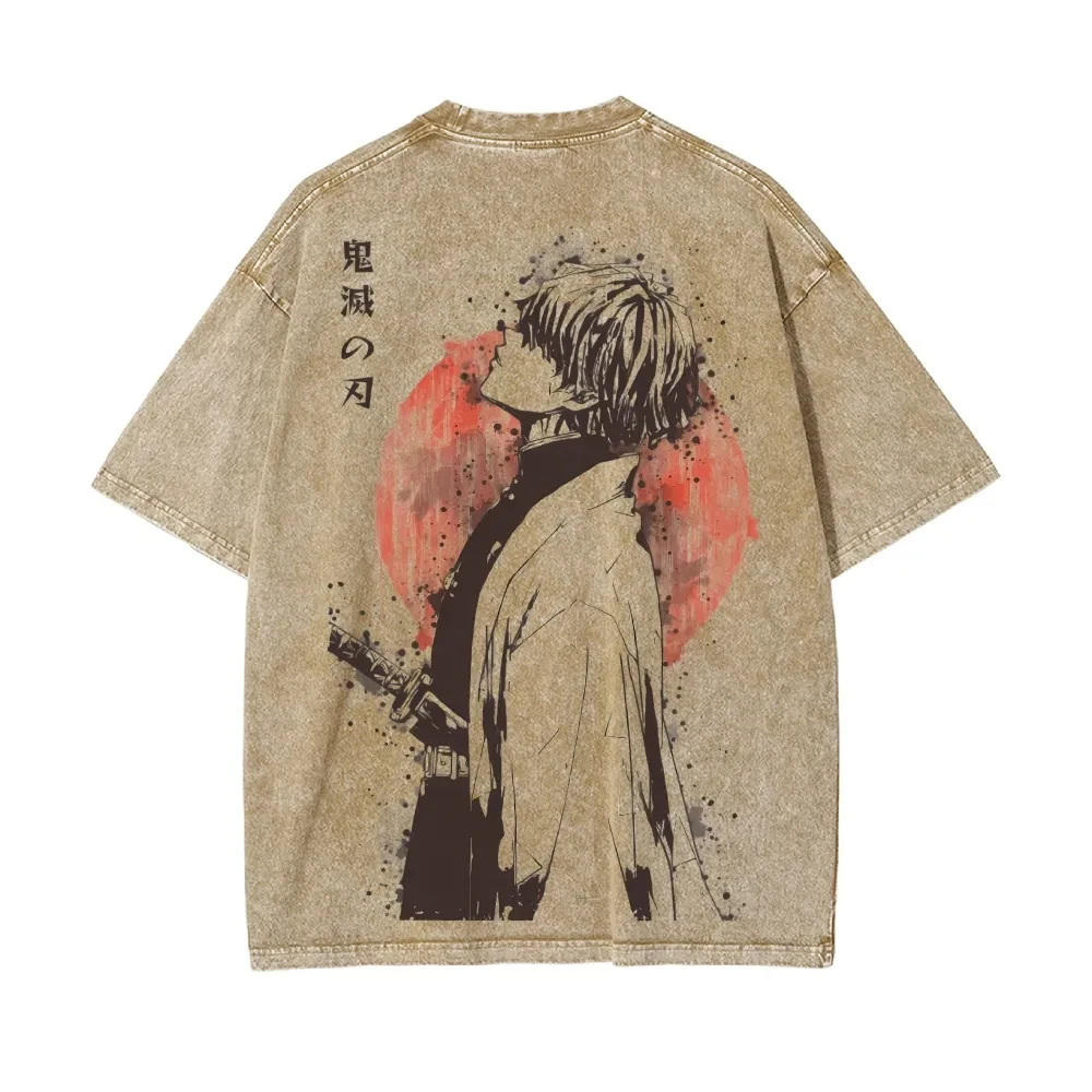 kf-S732e819a3afa4c1b92b28e1f403c70ffT 2026 Summer New Zenitsu Agatsuma Breath of Thunder Retro Washed Old T-shirt Demon Slayer 90s Street Style Short-sleeved Top - Image 1