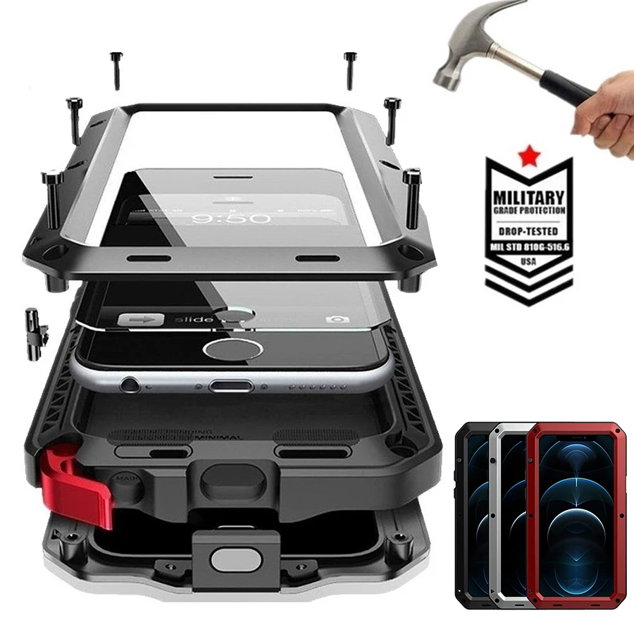 kf-S777b082e661b45f98370a6d05b0e4017I IP54 Waterproof Heavy Duty Metal Case For iPhone 17 Air 16 15 Pro Max 14 Plus 13 12 Mini 11 With Gorilla Glass Cover Fundas - Image 1