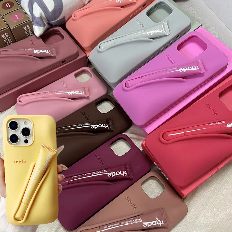 kf-S858a07e5c8cd422787112dc1c2c8a888S For iPhone 16 12 13 14 15 11 Pro Max Plus 17 Fashion Rhode Phone Case Gray Toast Espresso Ribbon Lip Gloss Holder Silicone Cover - Image 1